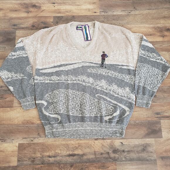 Shenandoah Other - Shenandoah NWT Vintage Golf Sweater Beige & Gray Golf Course Landscape Size XXL